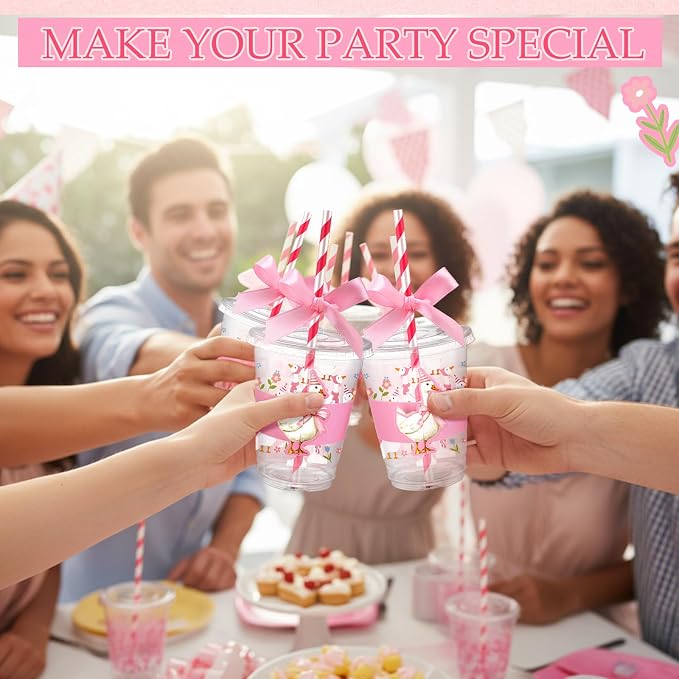 Jingmore 60 Sets Plastic Cups Bulk 12 oz Plastic Disposable Cups with Lids Sleeves and Straws Smoothie Clear Drink Disposable Party Favor Holiday Birthday Wedding Party Supplies(Silly Goose)