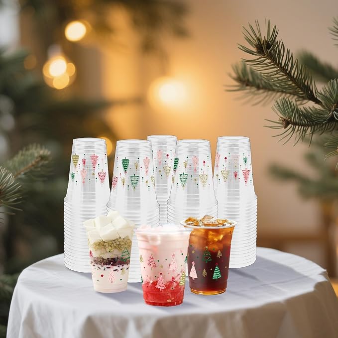 100Pcs Boho Christmas Tree Plastic Party Cups, 12oz Xmas Disposable Clear Cups for Christmas Party, Holiday Gatherings, Decorative Drinkware Supplies