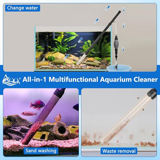 AQQA Gravel Vacuum for Aquarium Siphon - Adjustable Flow Fish Tank Cleaner with Handle, Manual Siphon Pump Water Changer Sand Rock Suction Cleaner, Upgraded Hard Hose with Threaded Connection (L)