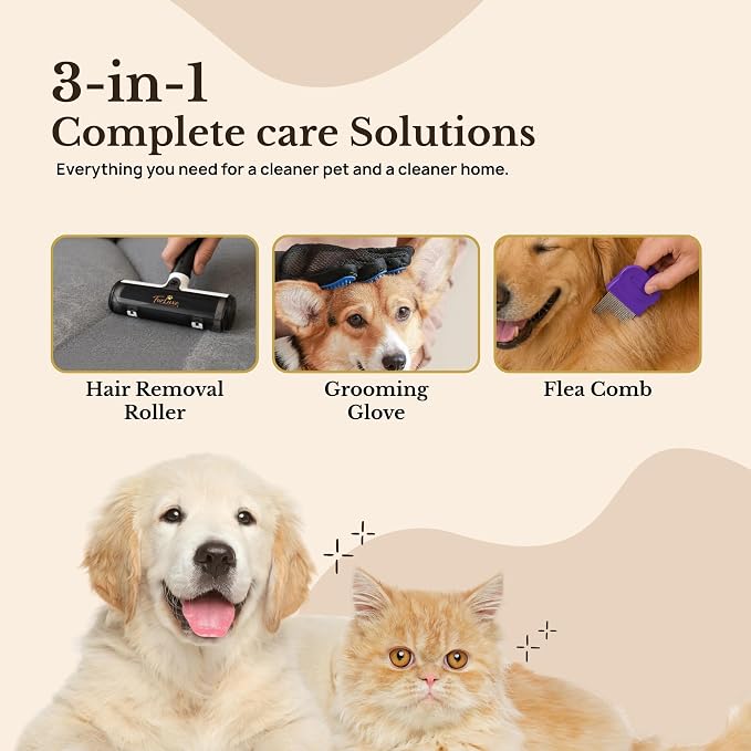3-in-1 Pet Hair Remover Kit – Reusable Lint Roller, Deshedding Brush & Grooming Glove for Dogs & Cats – Removes Fur from Furniture, Carpet & Clothes