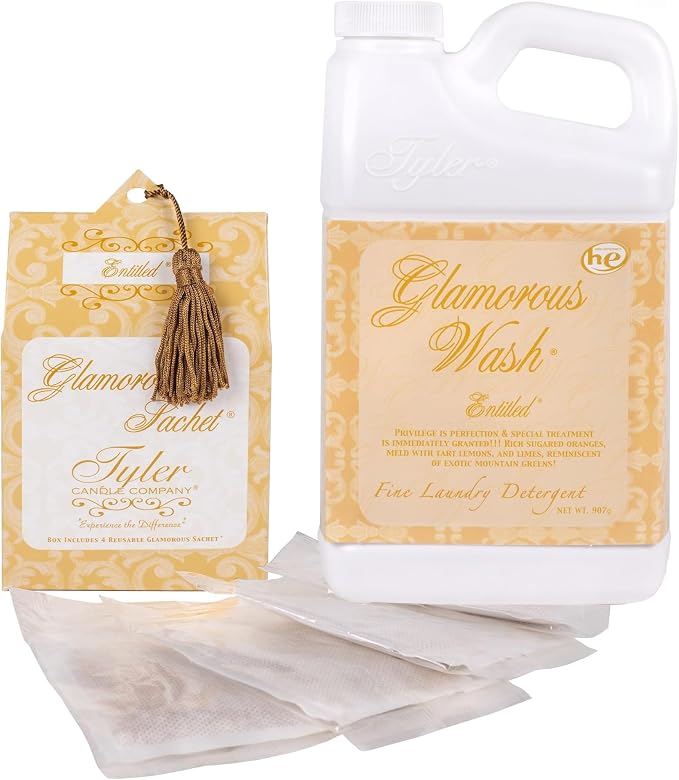 Elanze Designs Tyler Candle ENTITLED - Glam Wash - 32 Ounce Liquid Laundry Detergent and Scented Sachet Bundle