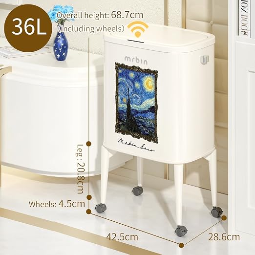 MRBIN Metal Kitchen Trash Can with Wheel Legs, 36L / 9.5gal Medium Press Lid Slim Removable Waste Basket, Pet Proof Tall Narrow Garbage Pail for Vanity, Bedroom, Bathroom, Living Room, Starry Night