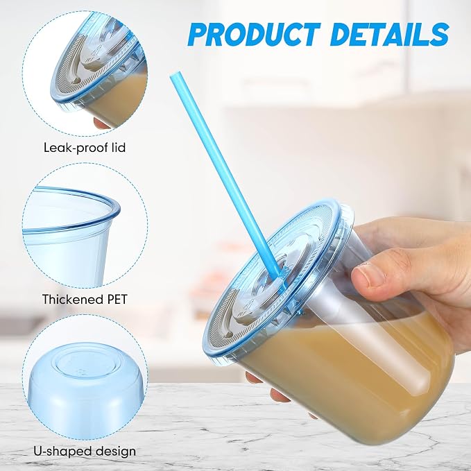 Ziliny 50 Sets Clear Round Bottom Plastic Cups with Lids and Straws, Cute Disposable Drinking Coffee Cups, for Christmas Valentine's Galentine's Day Party Wedding Birthday Supplies (12oz,Blue)