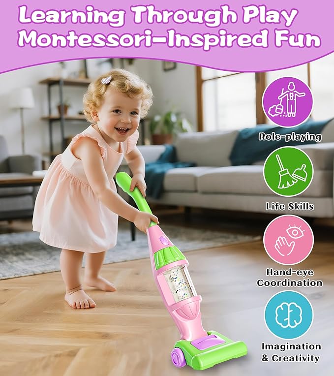 Toddler Vacuum Toy That Works with Lights & Sounds, Pretend Play Toy Vacuum for Toddlers 3-5 Years Old, Baby Vacuum for Boys, Girls, Kids Vacuum Cleaner Cleaning Toys with Spray Bottle, 2 Towels