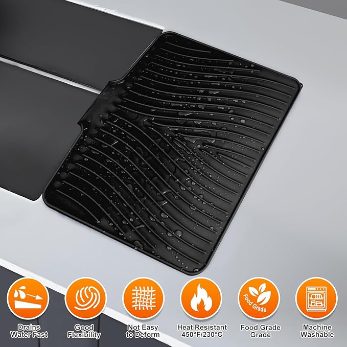 Silicone Dish Drying Mat for Kitchen Counter, Dish Drying Pad, Non-Slip Drain Pad with Built-in Drain, Heat Resistant Stone Drying Mat