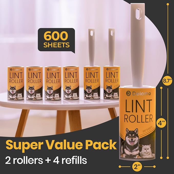 DELOMO Extra Sticky Lint Roller for Pet Hair, 600 Sheets Mega Pack (2 Rollers+ 4 Refills), Pet Hair Remover for Clothes, Couch, Furniture, Bedding, Car Seats - Easy Peel Design for Dog Cat Owners