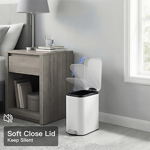 Garvee Bathroom Trash Can with Lid, 1.3 Gallon / 5 Liter Stainless Steel Garbage Can with Removable Liner Bucket, Small Step Wastebasket with Slim Design for Toilet Bedroom Office, White