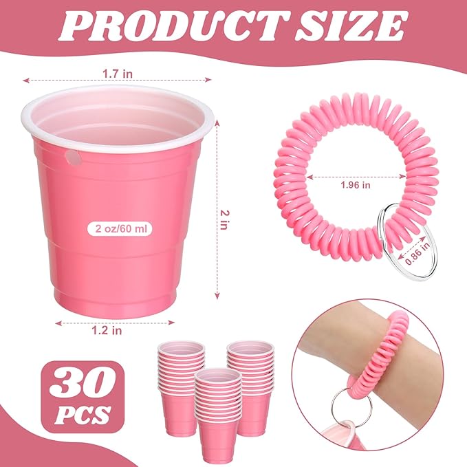 30 Pcs Pink Shot Cups with Wristband for Party 2oz Plastic Shot Glasses Disposable Mini Shot Glasses Bulk with Wrist Coil 2oz Solo Cups for Festival Birthday Favor Wedding Bachelorette Party Supplies