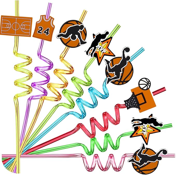 24pcs Basketball Themed twisty Reusable Plastic Straws for Basketball Party Favor,Daily Drinking,Birthday Party,Class Reunions,Sports Basketball Party Supplies,With 2 Cleaning Brushes 8color