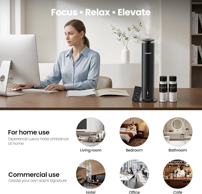 Waterless Essential Oil Diffuser for Large Room up to 1000 Sq Ft - Smart Hotel Scent Diffuser for Home with App, Remote & Timer, Whisper-Quiet Aluminum, Includes 2 x 120ml Oils