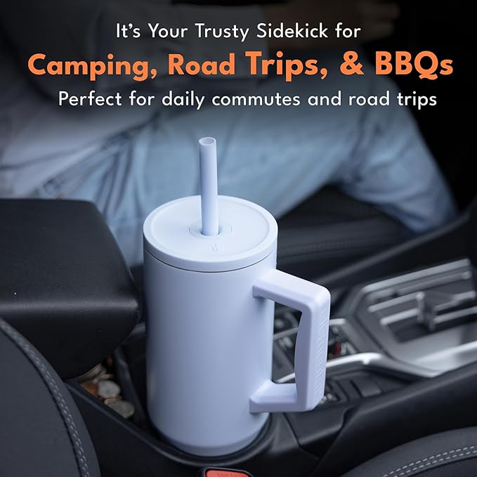 Elemental 40 oz Tumbler with Handle and Straw - Spill Proof Insulated Stainless Steel Commuter for Cold Beverages - Travel Coffee Mug with 2 Straws & Spill Proof Lid - 40oz - Ice Blue