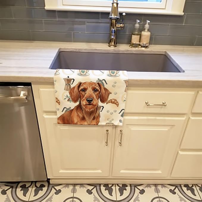 Caroline's Treasures Wirehaired Red Dachshund Coffee Bar Kitchen Towel Velour Plush Front and Cotton Loop Back Machine Washable