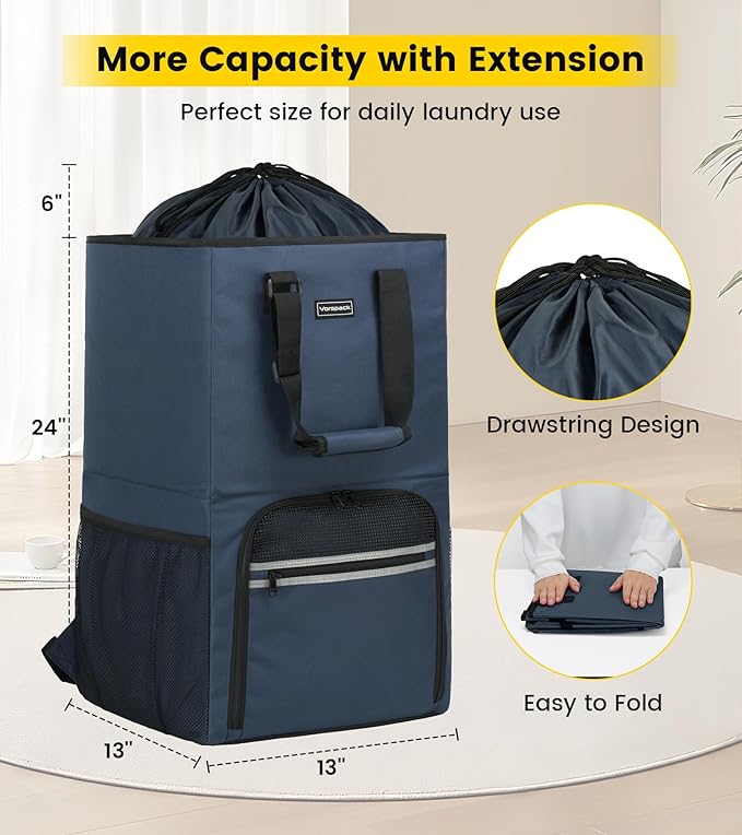 Vorspack Laundry Bag Backpack - Extra Large Laundry Bags with Shoulder Straps Heavy-duty 2 in 1 Laundry Hamper Basket for College Dorm Camp Laundromat Room Essentials - Blue