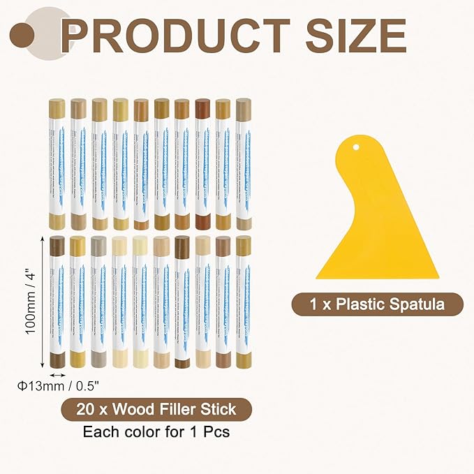 uxcell 20Pcs Wood Filler Sticks, Furniture Scratch Repair Wax Crayons Furniture Touch Up Markers Wood Repair Wax Kit with Spatula for Furniture, 20 Colors Natural & Maple Series