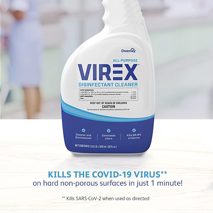 VIREX Diversey CBD540533 All Purpose Disinfectant Cleaner, Multi Surface Cleaning for Home and Commercial Use, Spray Bottle, Ready to Use Formula, Lemon Scent, 32 Ounce (Pack of 8)