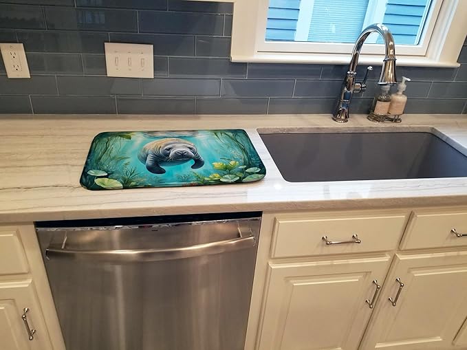Caroline's Treasures Manatee in a Crystal-Clear Spring Dish Drying Mat Absorbent Dish Drying Mat Pad for Kitchen Counter Dish Drainer Mat for Countertop, 14 x 21", Multicolor