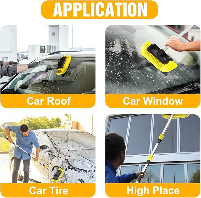 LAANPOLE 12FT Car Wash Brush with Long Handle, Car Cleaning Brush with 12 Inch Soft Bristle and Soap Dispenser, Solar Panels Cleaner with Telescoping Pole for RV, Truck, Boat, House Siding, Yellow