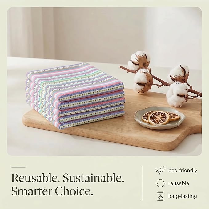 Urban Villa Kitchen Towels 100% Cotton Dish Towels for Kitchen(Set of 6)20”x30” Dish Cloths Highly Absorbent Kitchen Linen Set with Hanging Loop Perfect for Drying Dishes Cleaning Towels-Blue Stripes