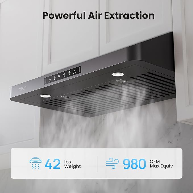 VIKIO HOME Range Hood 36 Inch Under Cabinet, Black Stainless Steel Range Hood With 980 CFM, Three-Speed Gesture & Touch Control, Kitchen Hood With Widened Filter Baffle,Easy Clean Coating,G10 Light