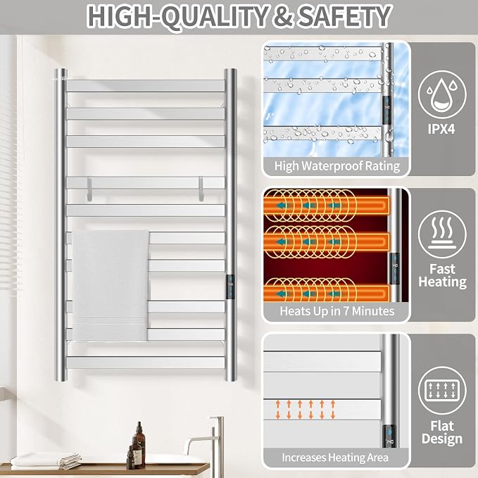 Heated Towel Rack for Bathroom, Towel Warmer with 10 Bar Flat Rack Large, Electric Hot Towel Rack Wall Mounted, LED Buit-in Timer, Plug-in, Stainless Steel, Fast Heating, Brushed Nickel