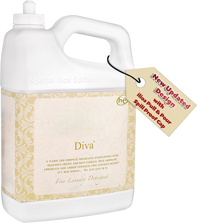 Diva Wash Laundry Detergent – Premium Diva Laundry Detergent with Vanilla and Patchouli Scent – Long Lasting Phosphate-Free Scented Wash Liquid, Spill-Proof Pull & Pour Cap, 128 oz – Ilios Packaging