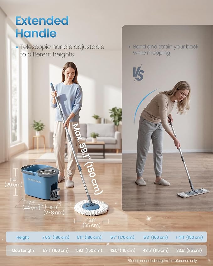 SONGMICS Spin Mop and Bucket Set with Pedal Wringer, Floor Cleaning Mop, Adjustable Telescopic Handle, Max. 59.1-Inch Length, 360° Rotating Head, 4 Microfiber Pads, Blue and Gray ULMB002QT04