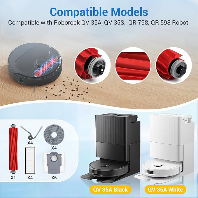 QV 35A Replacement Parts for Roborock QV 35A QV 35S QR 598 QR 798 Robotic Vacuum Cleaner with 1 Roller Brush,4 Mops,4 HEAP,4 Side Brushes,6 Dust Bags,1 Screwdrivers,1 Clean Brush Accessories
