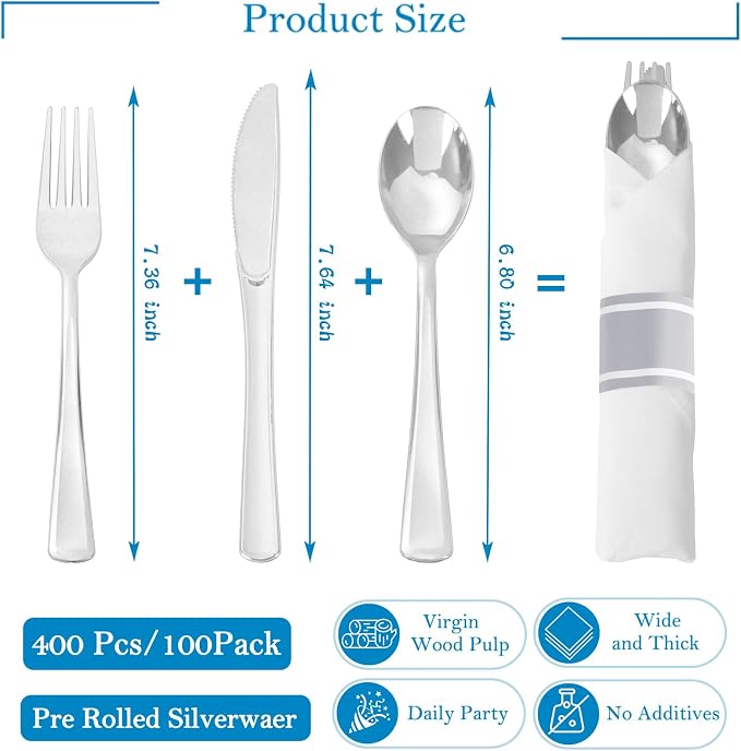 Supernal 100pack Silver Plastic Silverware with Napkins, Prewrapped & Rolled Silver Disposable Utensils (100 Forks, 100 Spoons, 100 Knives), Heavy Duty Cutlery Set with Napkin for Wedding & Party