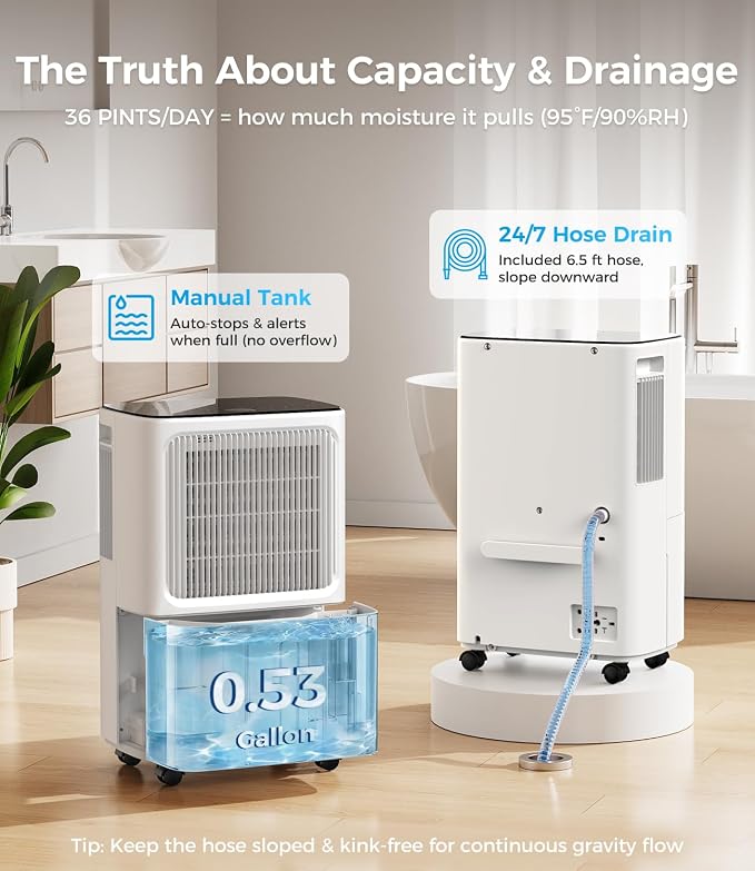 VEAGASO 2,500 Sq.Ft Dehumidifier for Basement with Drain Hose, Max 36 Pints Dehumidifiers for Home, Bedroom, Bathroom & Garage, 40dB Quiet, 3 Modes, 0.53 Gal Tank, 24H Timer & Child Lock