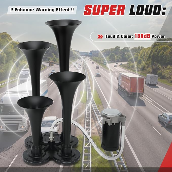 PTNHZ Double Row 4 Trumpet Air Horns Kit w/Air Compressor (No Wiring Harness & Button Switch) 12/24V Super Loud 178dB Universal for Pickup Car Jeep SUV Train Boat(Black)