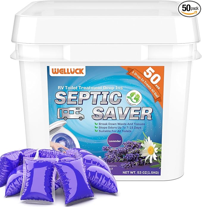 WELLUCK RV Toilet Treatment Drop-Ins, 50 Pack - 50 Week Supply Black Tank Deodorizer | Breaks Down Waste & Tissue | Septic Safe Treatment for RV, Camper, Marine Toilet | Lavender Scents