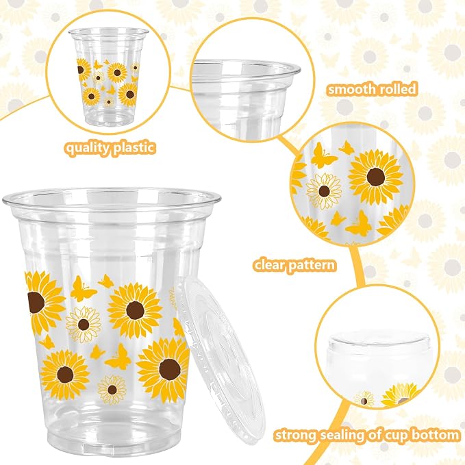 FYSUIMU 50Pcs 12Oz Sunflower Plastic Cup with Lid & Straw Yellow Floral Butterfly Clear Disposable Drinking Cup for Spring Summer Party Supplies