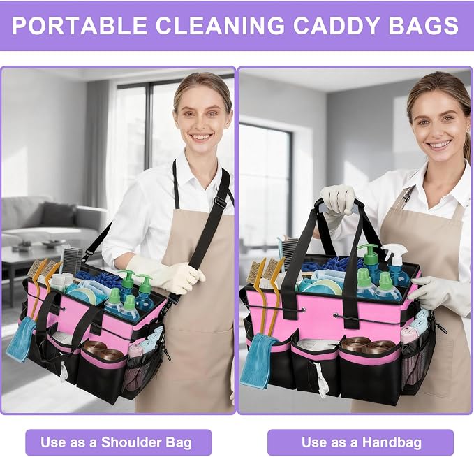 ALSLEA Cleaning Caddy Bag Heavy-Duty Organizer Tote for Housekeepers, Janitors & Home Cleaning Supplies with Adjustable Shoulder Strap & Multiple Pockets (Pink)