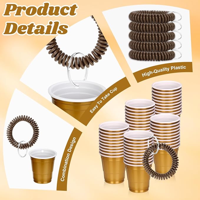 50 Pcs Gold Shot Cups with Wristband for Party 2oz Plastic Shot Glasses Disposable Mini Shot Glasses Bulk with Wrist Coil 2oz Solo Cups for Festival Birthday Favor Wedding Halloween Party Supplies