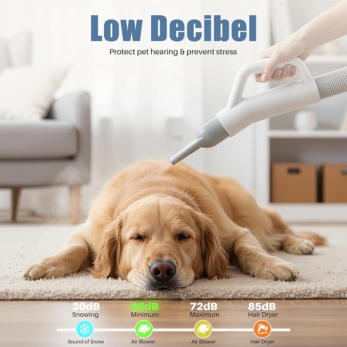 DUMOS Pet Grooming Blow Dryer, Low Noise Dog Hair Dryer with Adjustable Wind Speed & Heater Temperature, Cool-Warm-Hot Cycle Mode, 4 Nozzles, 6.5 FT Cord, White