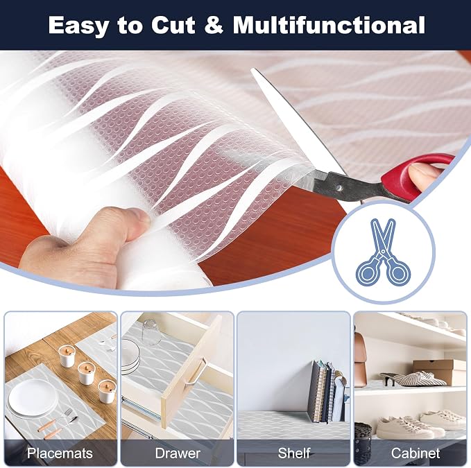Shelf Liner, Waterproof Refrigerator Liner, Drawer Liners for Kitchen Cabinet, Bathroom Sink Mat No Slip Cupboard Mats Non Adhesive Fridge Liner EVA Place Mats Roll - Clear Wave 12"×236.2"