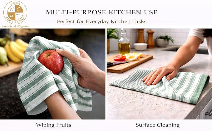 Pack of 12 Cotton Kitchen Towels Set, Dish Towels, Cleaning Rags, Kitchen Dish Cloths for Washing Dishes, Cotton Cleaning Cloths, Ultra Soft, Lightweight & Quick Dry, Flat Weave, 28"x18", Olive & Gray