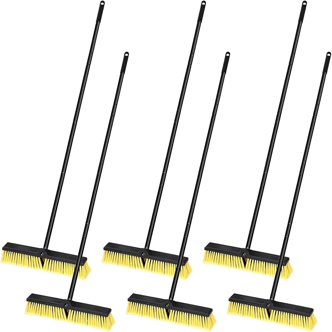Zhehao 6 Pack 18 Inches Push Broom Outdoor, Multi Surface Garden Brush Broom with Adjustable 63" Long Handle for Deck, Driveway, Patio, Warehouse, Garage, Yard, Concrete Floor Cleaning (Yellow)
