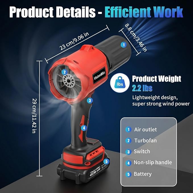 Handheld Leaf Blower, Leaf Blower Cordless with Brushless Motor, 24V Electric Blower with 2×4.0Ah Batteries, 2 Nozzles & Variable Speed, 2.2 lbs for Yard, Car, Dust & Snow Cleaning (Red)