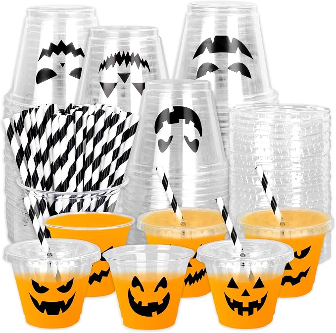 Whaline 60 Pcs 9 Oz Halloween Disposable Plastic Cups with Lids and Straws Black Evil Pumpkin Face Cold Beverage Drinking Cup for Trick or Treat Birthday Party Supplies