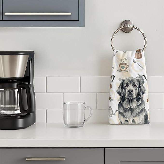 Caroline's Treasures Gray Newfoundland Coffee Bar Kitchen Towel Velour Plush Front and Cotton Loop Back Machine Washable