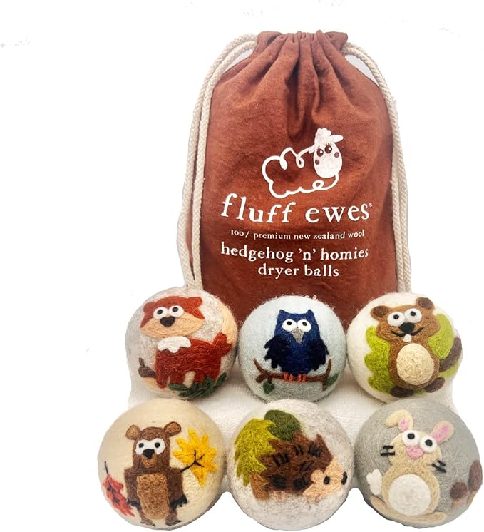 Hustle & Blush Wool Dryer Balls and Essential Oils Blend Bundle Laundry Set, Reduces Drying Time with Long Lasting Scent Laundry Supplies - 6 Pack Hedgehog and Homies & 15 ml Lavender Rain Oil