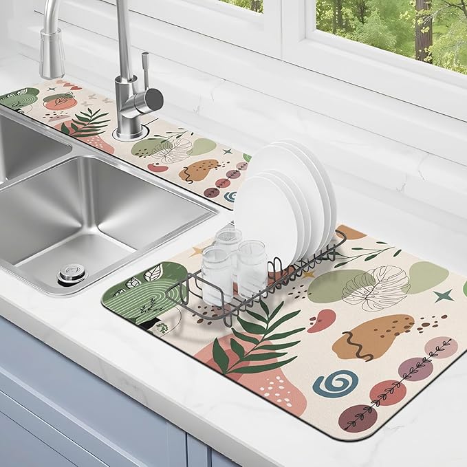 Dish Drying Mat for Kitchen Counter Matt, 2PCS 24"x18" Dish Drainer Mat & 24"x5.5" Sink Splash Guard, Super Absorbent Non-slip Rubber Backed