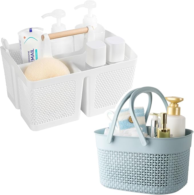 rejomiik Portable Shower Caddy Basket Plastic Cleaning Caddy Organizer Storage Tote with Handle for Bathroom, College, Dorm Room Essentials, White