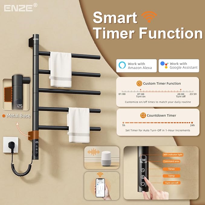 ENZE Smart Rotating Heated Towel Rack for Bathroom, 5-Bar Wall-Mounted Electric Towel Warmer with Swivel Bars, Wi-Fi App Control, 24H Timer, Stainless Steel, IPX5, Hardwired/Plug-in, Matte Black