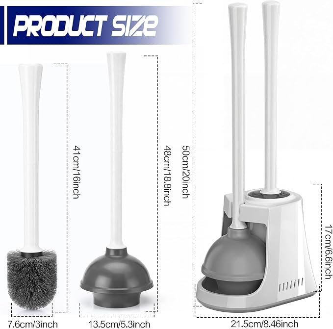 Reallnaive 4 Set Toilet Plunger and Brush Set with Ventilated Holder 2 in 1 Toilet Bowl Brush and Heavy Duty Plunger Combo Bathroom Cleaning Kit for Home and Commercial Bathrooms Drainage(White)