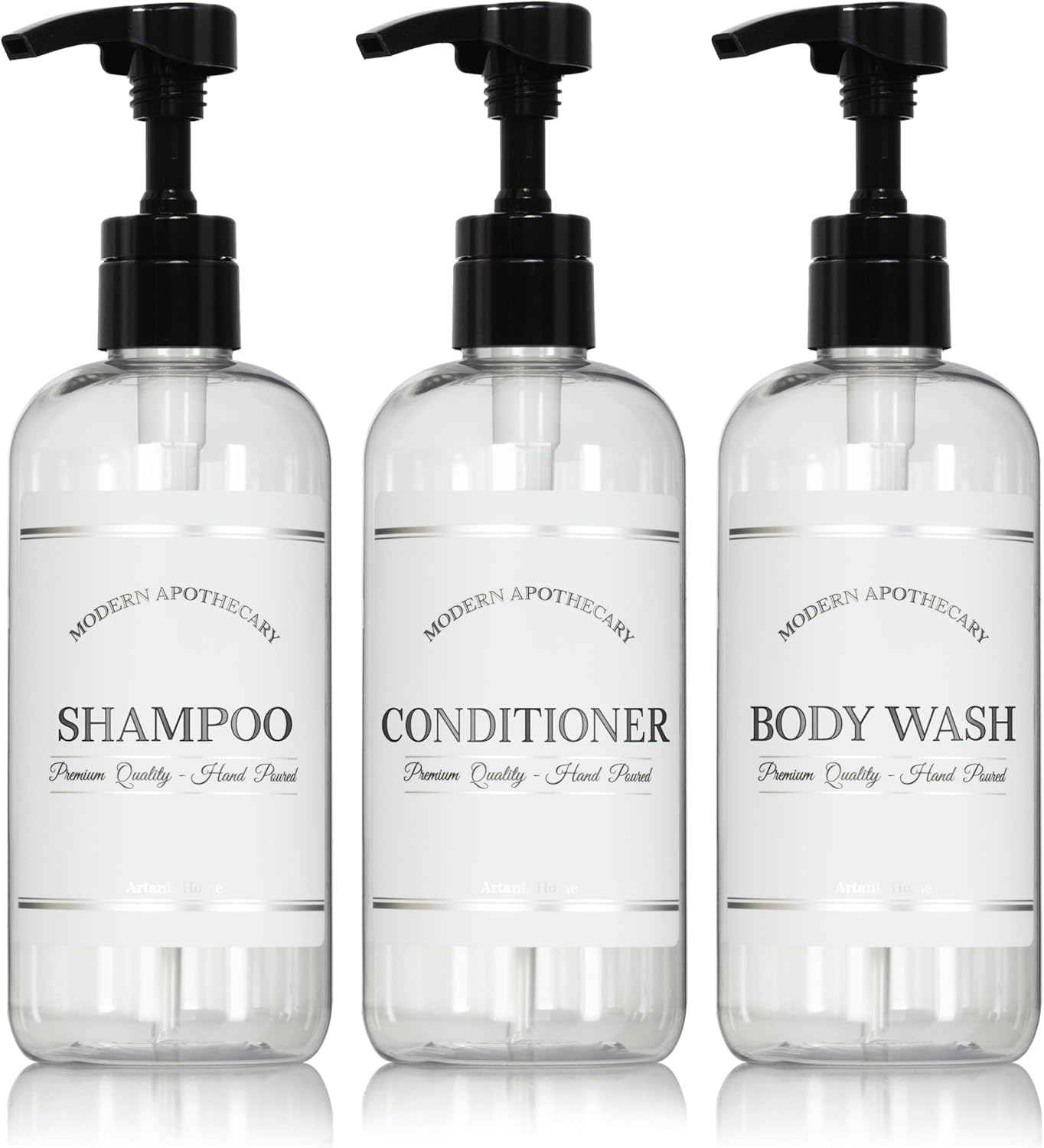 Clear Refillable Shampoo and Conditioner Bottles - Body Wash, Shampoo and Conditioner Dispenser - PET Plastic Shampoo Bottles Refillable with Pump - Waterproof Labels - 16 oz, 3 Pack