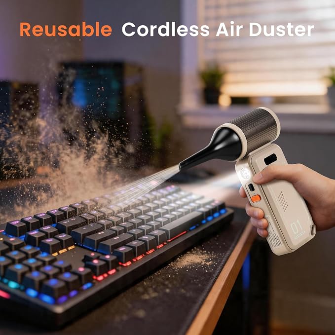 Compressed Air Duster - 130000RPM Rechargeable Electric Cordless Blower, Built-in Cable Power Bank, Vacuum Cleaner with Stepless Speed for Computer Keyboard, Car, Home and Outdoor - Camel