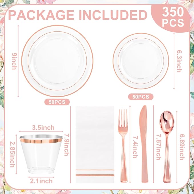 GATHER 350PCS Rose Gold Plastic Plates - Disposable Rose Gold Dinnerware Includes 100 Clear Rose Golds Rimmed Plastic Plates, 150 Silverware, 50 Napkins, 50 Cups for Party, Wedding, Baby Shower