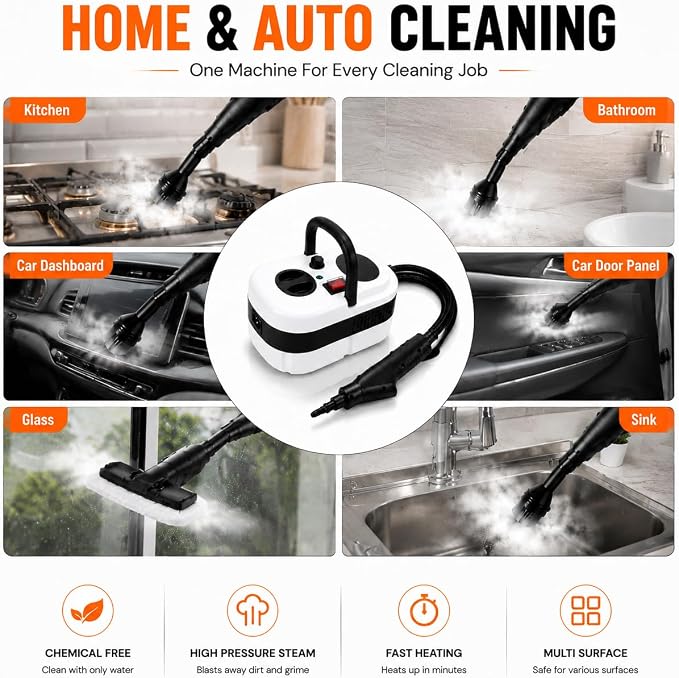 Pressurized Handheld Steam Cleaner, 221°F High-Temp Steamer for Deep Cleaning, Chemical-Free for Pets & Kids, 10-Piece Accessory Kit for Car, Couch, Grout, Tile & Floor